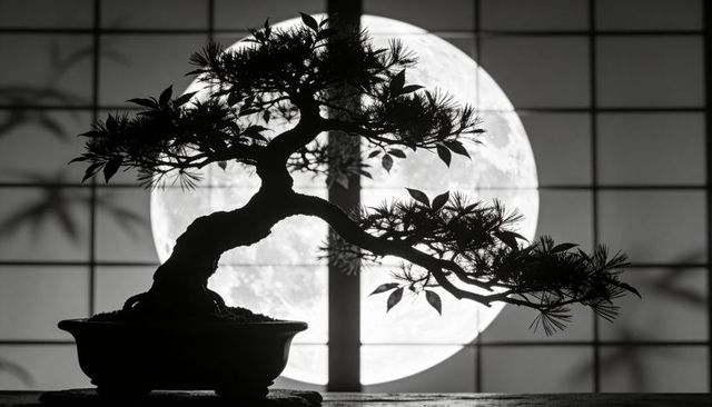 Bonsai Pine Silhouette Against Full Moon Through Shoji Screen, Zen Minimal Night Scene