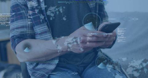 Man Using Smartphone with Data Overlay in Technology Concept