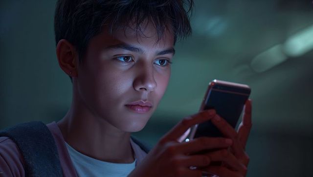 Teen Engages in Mobile Technology at Night with Focused Expression