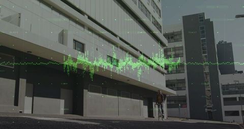 Asian woman standing with bicycle on urban street with green digital waveform overlay