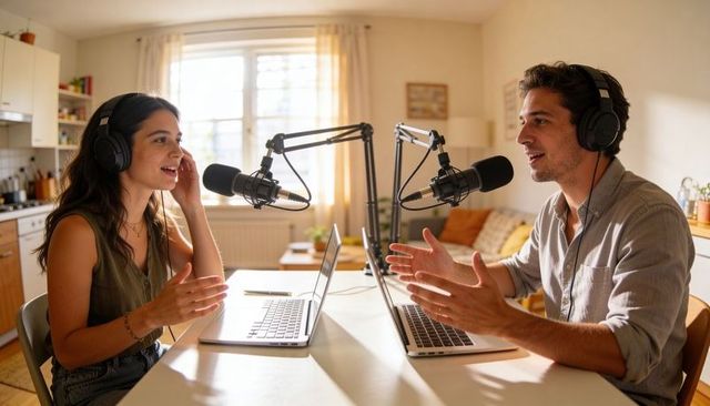 Recording conversational podcast with two hosts in cozy home studio with mics and laptops