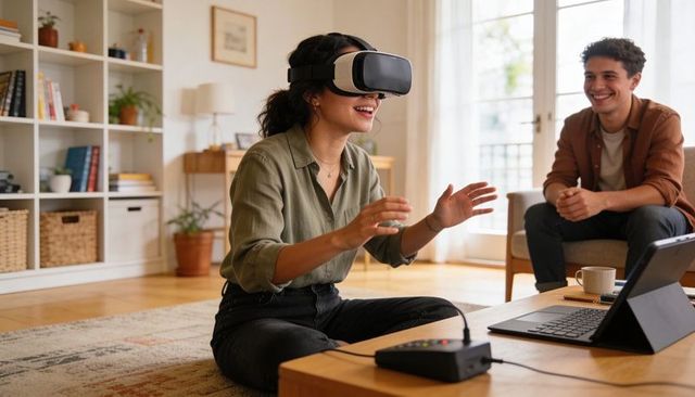 Woman exploring virtual reality at home while partner watching and smiling in living room