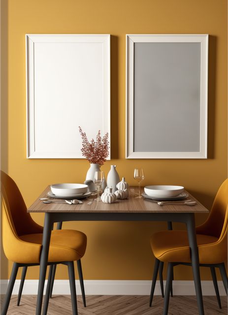 This contemporary dining scene features two yellow upholstered chairs paired with a wooden table and simple dinnerware. The wall behind shows two minimalist framed artworks, one blank and the other with neutral colors. Ideal for use in home decor blogs, interior design portfolios, or marketing materials for furniture and home accessories. Highlighting modern, minimalist lifestyle and cozy home environments.
