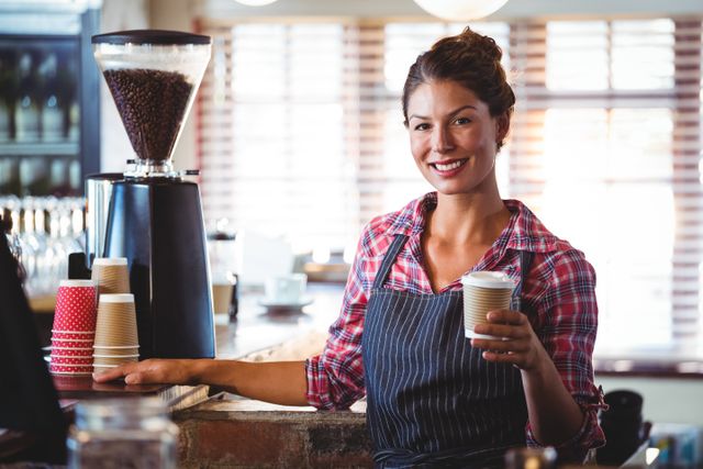 Smiling waitress holding a cup of coffee in a cozy cafe. Ideal for use in articles or advertisements related to coffee shops, hospitality industry, customer service, small businesses, and professional barista training.