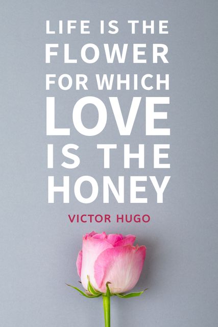 Elegant and inspiring design featuring a single pink rose under a touching quote by Victor Hugo about love and life on a grey background. Ideal for posters, greeting cards, romantic messages, social media shares, and inspirational decor.