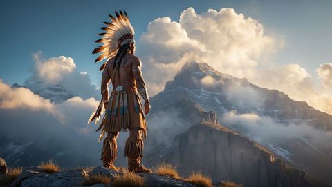 Native american man in traditional headdress overlooking mountain range