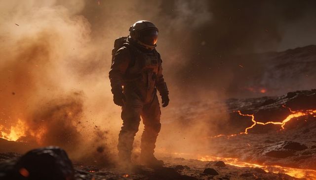 Astronaut Walking Volcanic Lava Field With Reflective Visor and Glowing Embers