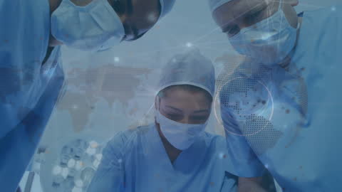 Diverse Surgeons in Operating Room with Digital Interface Overlay