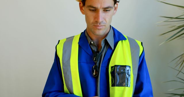 Focused construction worker reviews plans at the office. His high-visibility vest suggests safety is a priority on site.