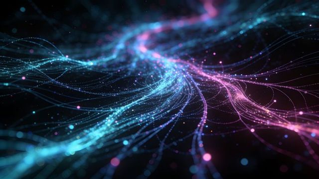 Flowing neon data filaments converging in abstract digital network with luminous nodes