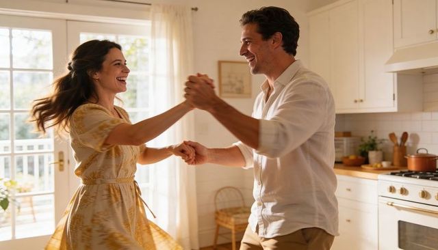 Couple dancing and laughing while holding hands in sunlit kitchen with french doors