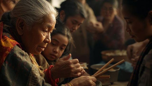 Elderly woman showing grandchildren traditional cooking craft