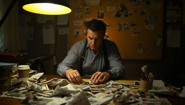 Investigator Sorting Cold Case Photographs Under Yellow Desk Lamp