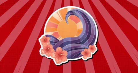 Vibrant Tropical Motif with Sun Waves and Hibiscus on Red Burst