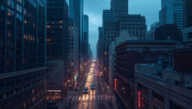 Wet downtown avenue at dusk with neon reflections and light trails in skyscraper canyon