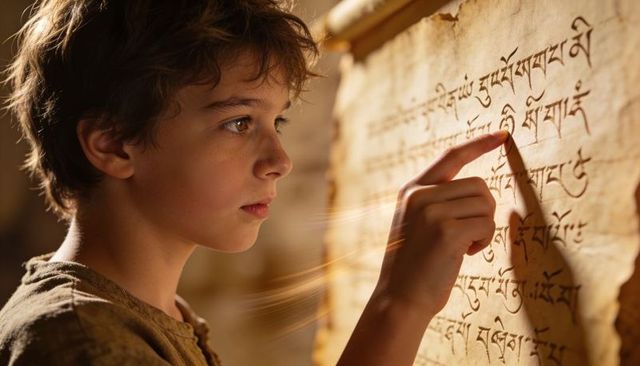 Curious boy tracing ancient script on illuminated parchment scroll in warm amber light