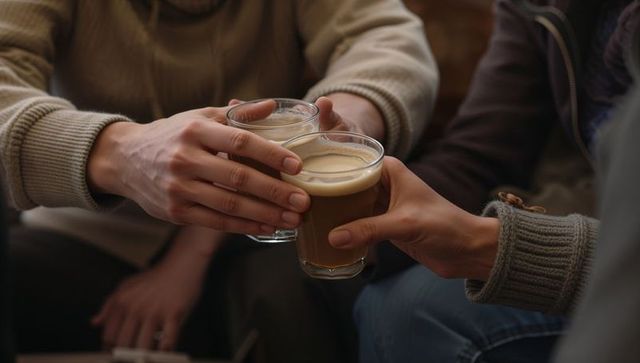 Three friends clinking latte glasses in cozy living room, knit sweaters, warm camaraderie