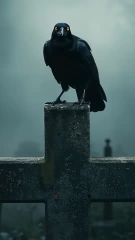 Vertical Crow Perching on Weathered Cross, Turning Head and Staring with Yellow Eyes