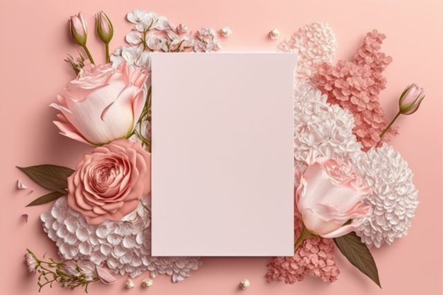 Beautiful floral arrangement featuring a blank pink card in the center surrounded by roses and hydrangeas, set against a blush pink background. Ideal for wedding invitations, greeting cards, event invitations, or romantic notes. Perfect for celebrating special occasions with an elegant and soft pastel theme.