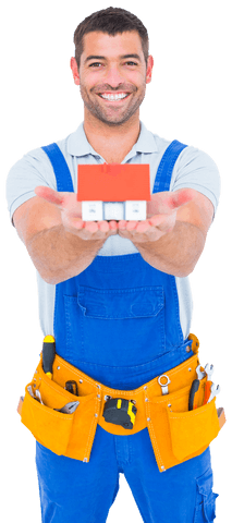 smiling construction worker displaying house model, white background, transparent - Download Free Stock Videos Pikwizard.com
