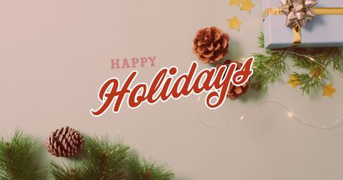 Happy Holidays Card with Gift and Pine Cones Decor