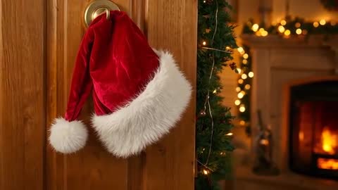 Santa Hat Hanging on Brass Knob While Fireplace Glows and Garland Lights Twinkle