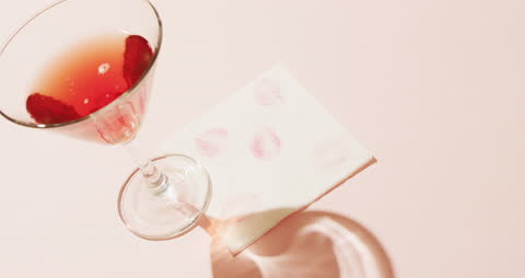 Romantic Valentine's Cocktail with Lipstick-Stained Napkin