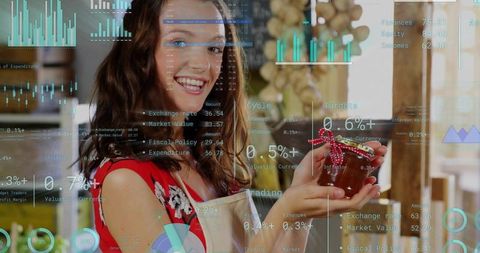 Presenting artisan jam in rustic kitchen while digital business analytics overlaying