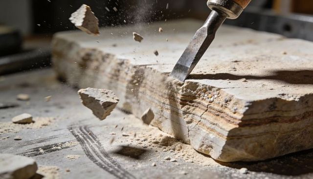 Chiseling layered sandstone slab sending dust and flying chips workshop closeup