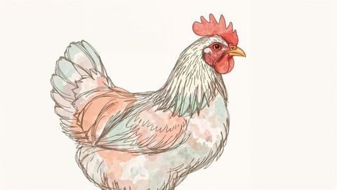 Elegant watercolor-ink cartoon chicken illustration with pastel tones