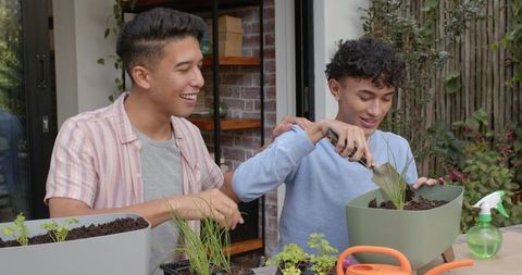 Male friends gardening on rustic backyard patio with green planters