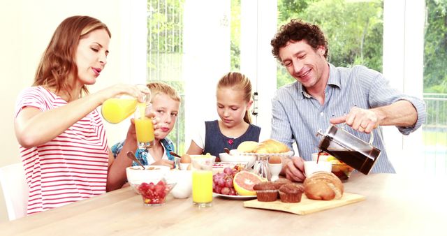Perfect for promoting family-friendly products, healthy food lifestyles, and breakfast meal ideas. Suitable for advertisements, blog posts about family activities or nutrition, and social media campaigns focusing on morning routines.