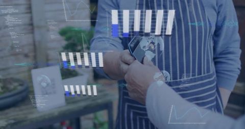 Contactless smartphone payment at outdoor market stall with data hud and vendor exchange