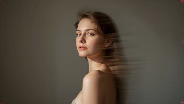 Posing woman turning toward camera with motion-blurred hair, soft-lit minimalist beauty