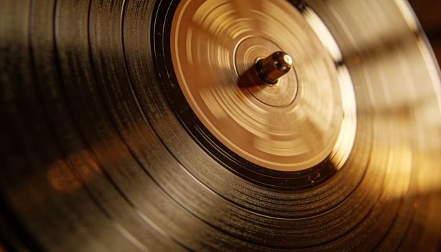 Golden spinning vinyl record macro close-up showing grooves and reflective hub