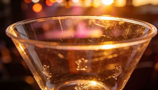 Catching light on scuffed martini glass with embossed crest and warm bokeh bar glow