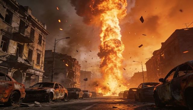 Rising fire column towering over ruined urban avenue, burned sedans and scattered rubble