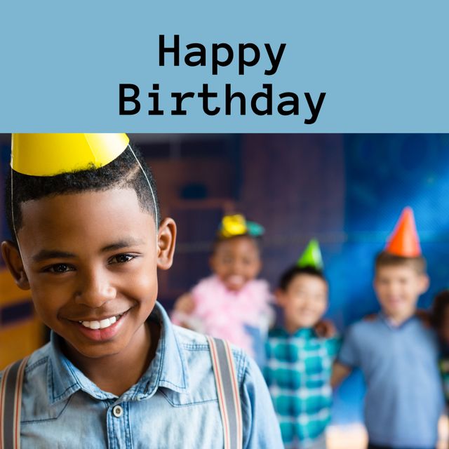 Cheerful birthday banner featuring a smiling African American boy at a birthday party with friends in the background. Perfect for birthday invitations, party decorations, greeting cards, and social media posts celebrating a fun and joyous occasion.