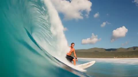 Surfer Dropping Into Perfect Barrel While Riding Turquoise Wave Along Sunlit Beach