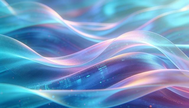 Translucent pastel wave ribbons flowing across digital mesh with glowing pixel particles