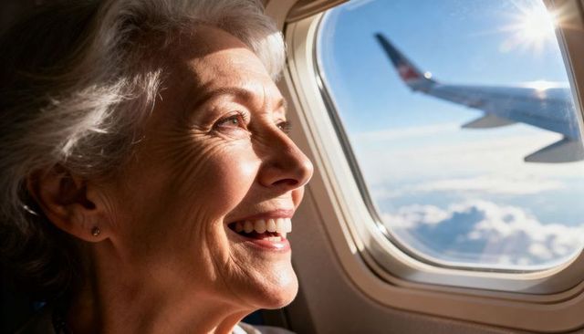 Smiling senior woman gazing out airplane window during sunny flight, enjoying travel