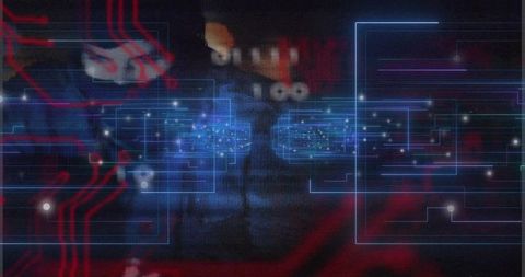 Glowing blue circuit portal pulsing at center with neon red traces futuristic digital grid