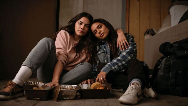 Sitting friends sharing takeout on bedroom floor, casual cozy hanging out, intimate moment