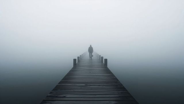 Solitary figure walking along foggy wooden pier holding bag minimalist moody seascape