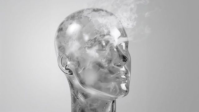 Translucent Glass Head Tilting Right Releasing Vapor, Reflective Droplets and Glossy Shine