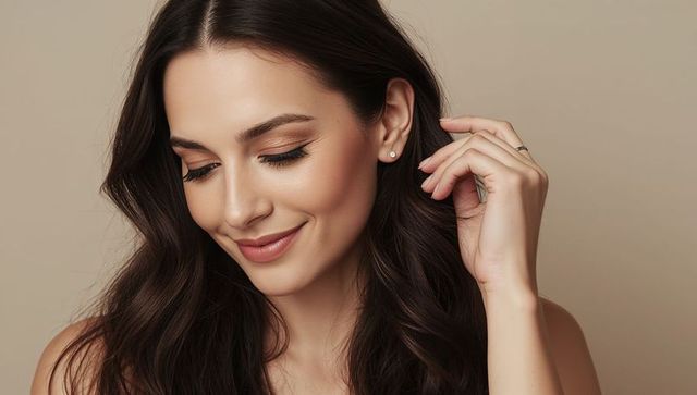 Smiling woman touching hair in neutral beauty portrait with makeup, stud earring, ring
