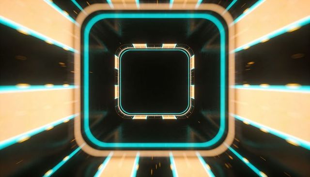 Streaming neon tunnel with cyan and amber light trails pulling toward central void
