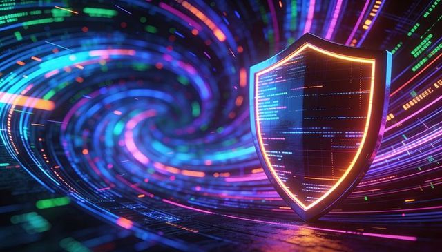 Neon cyber shield protecting high-speed data stream against digital threats in futuristic vortex