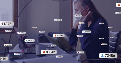 Woman Adjusting Face Mask with Digital Notifications in Home Workspace