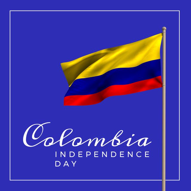 This vibrant image features the Colombian flag waving on a blue background, celebrating Colombia's Independence Day. Ideal for use in national holiday posters, educational materials, social media posts, and promotional content highlighting Colombian culture and history.